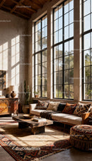 Cozy Living Room with Large Industrial Style Windows