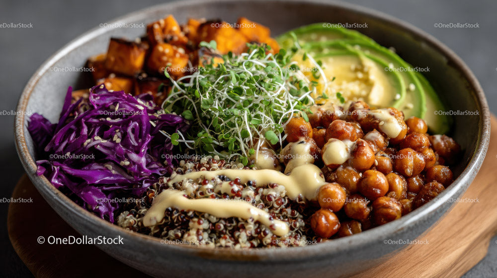Colorful Vegetarian Bowl with Chickpeas, Avocado and Microgreens