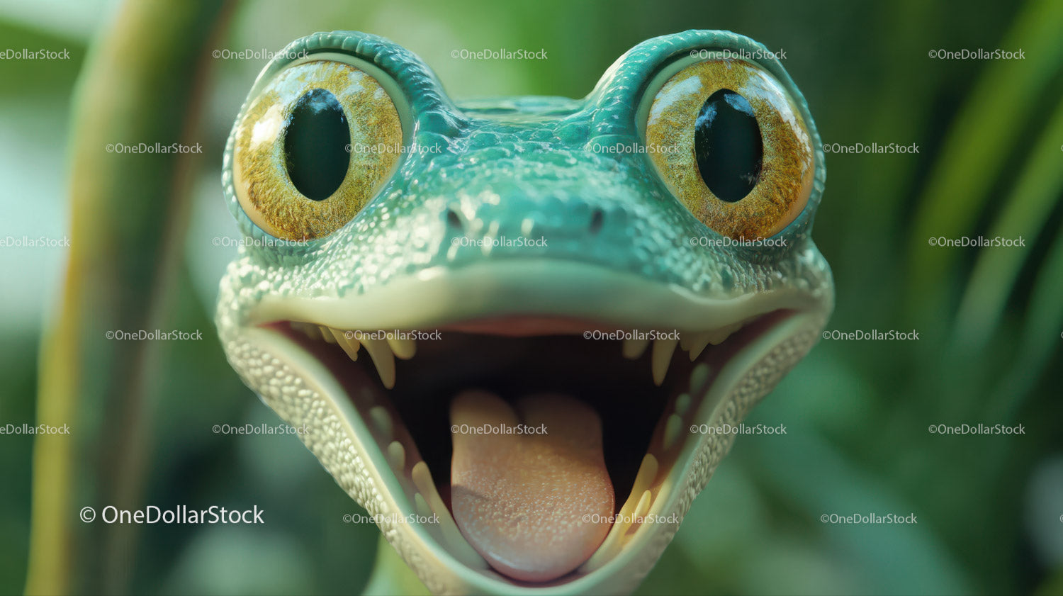 Close-up of Vibrant Green Chameleon with Detailed Scales and Big Eyes