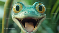 Close-up of Vibrant Green Chameleon with Detailed Scales and Big Eyes