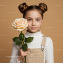Young Girl with Pale Peach Rose Portrait on Soft Beige Background