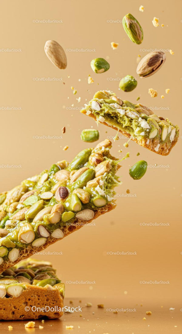 Close up of broken pistachio nut brittle candy pieces
