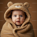 Adorable baby wrapped in cozy teddy bear hooded blanket