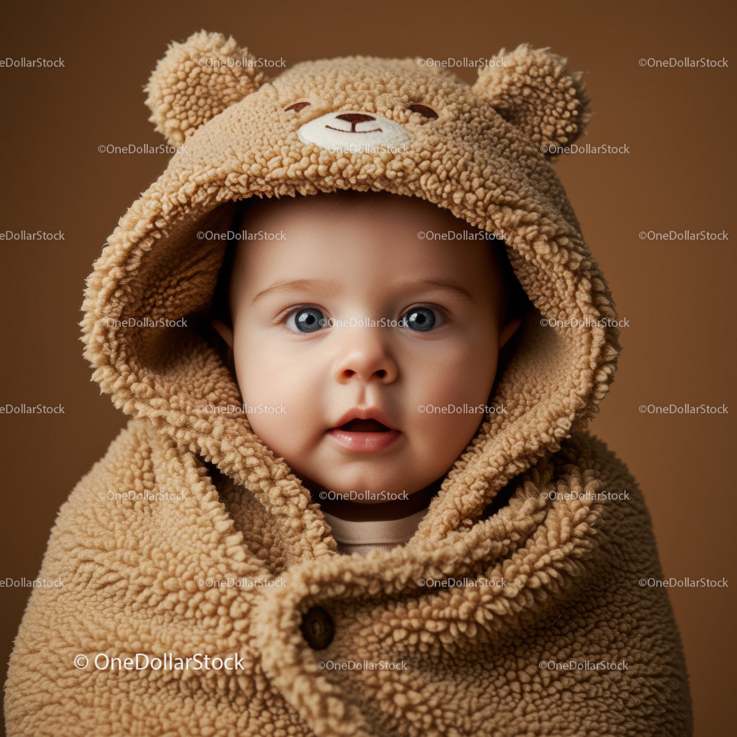 Adorable baby wrapped in cozy teddy bear hooded blanket