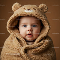 Adorable baby wrapped in cozy teddy bear hooded blanket