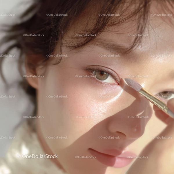 Close-Up of Woman Applying Eyeshadow with Makeup Brush in Soft Light