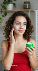 Young Woman in Red Tank Top Applying Facial Cream Skincare Routine