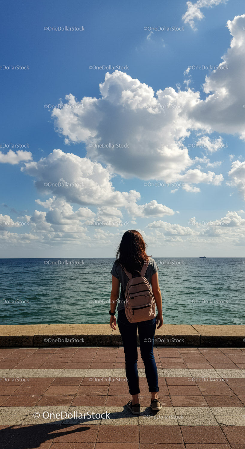 Woman with backpack standing by sea under blue sky