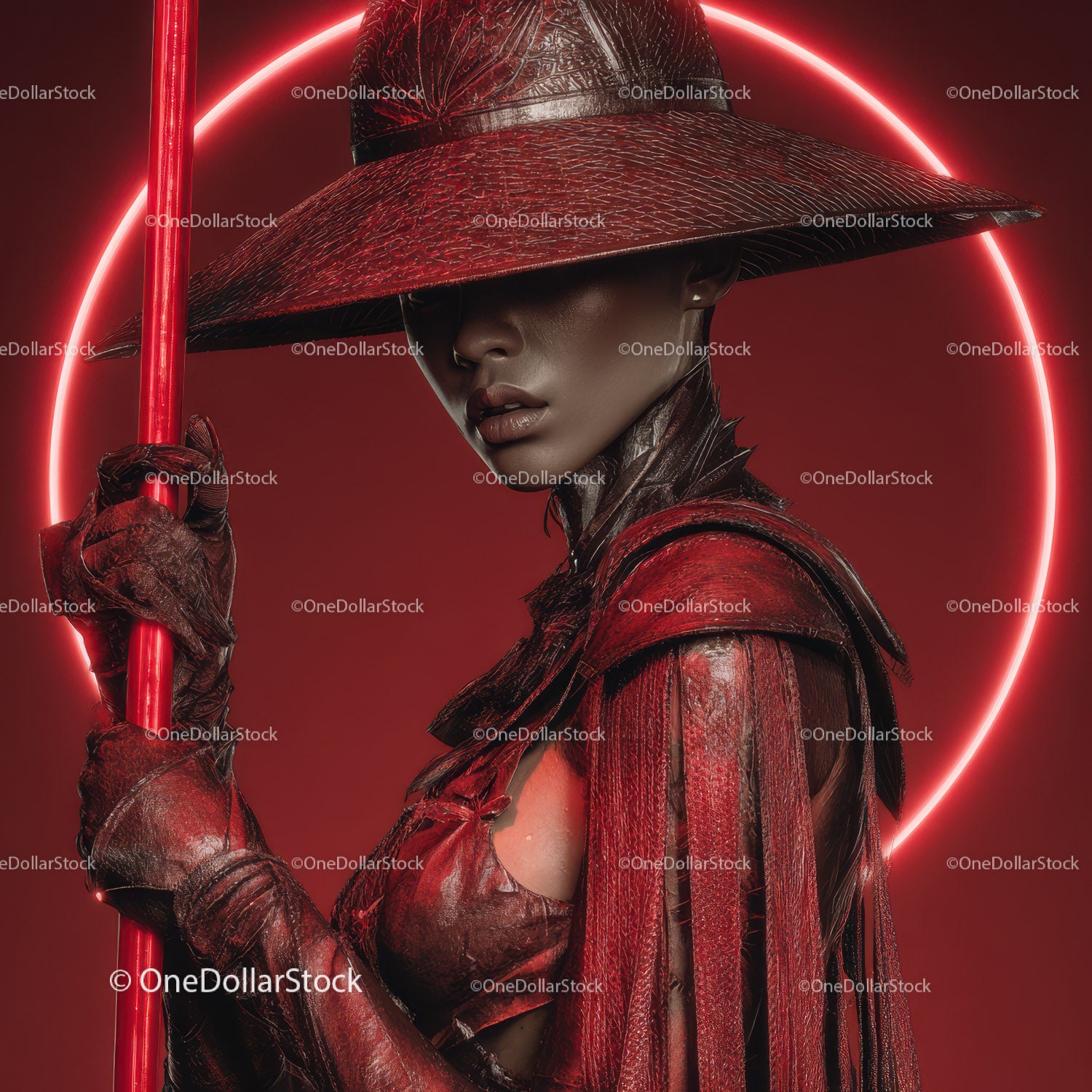 Futuristic Samurai in Neon Red Armor Holding Umbrella