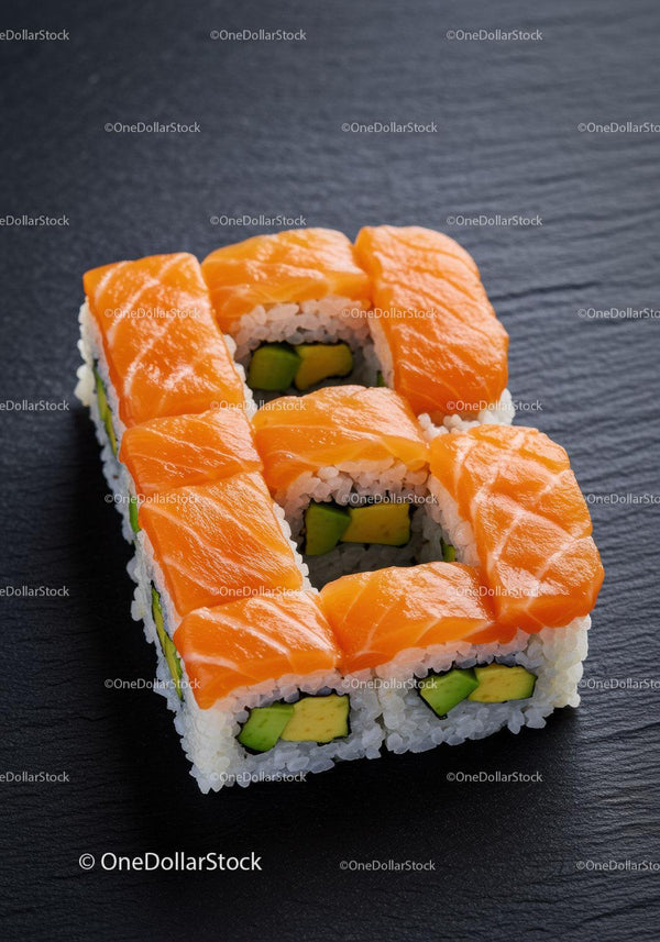 Fresh salmon avocado sushi rolls on dark slate
