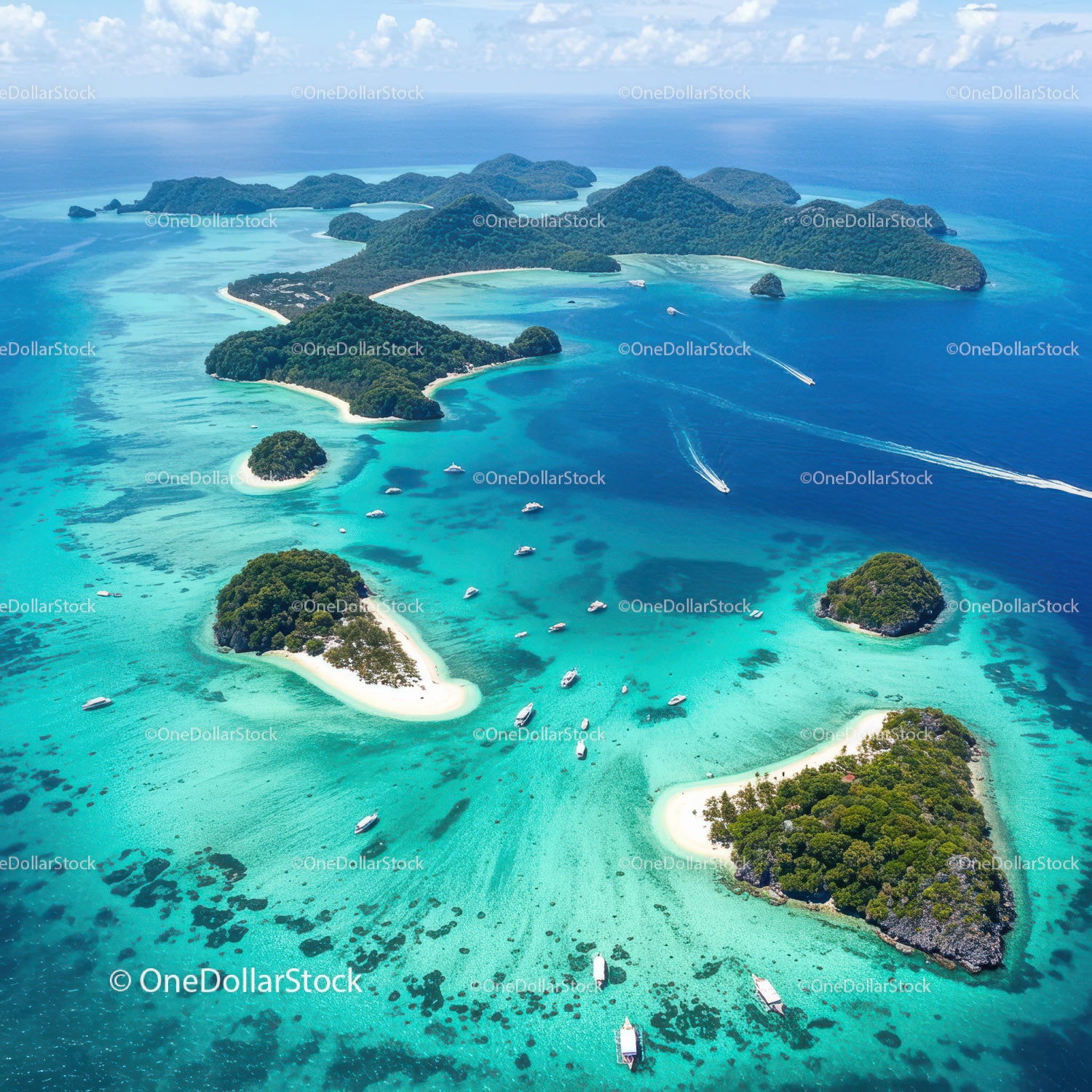 Tropical Islands with Lush Greenery and Clear Blue Water from Aerial View
