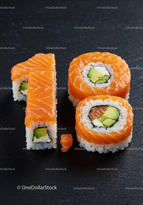 Salmon sushi rolls arranged as number ten on black slate