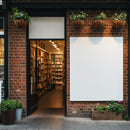 Cozy Bookstore Entrance with Hanging Plants and Blank Sign