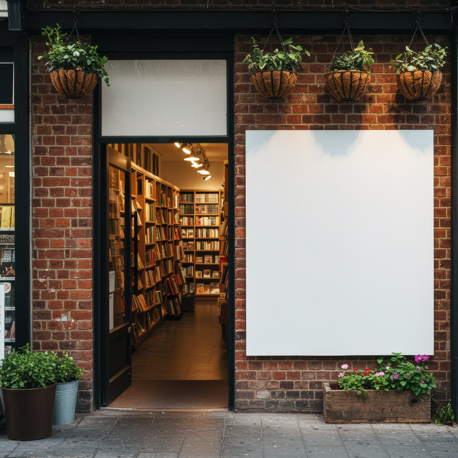 Cozy Bookstore Entrance with Hanging Plants and Blank Sign