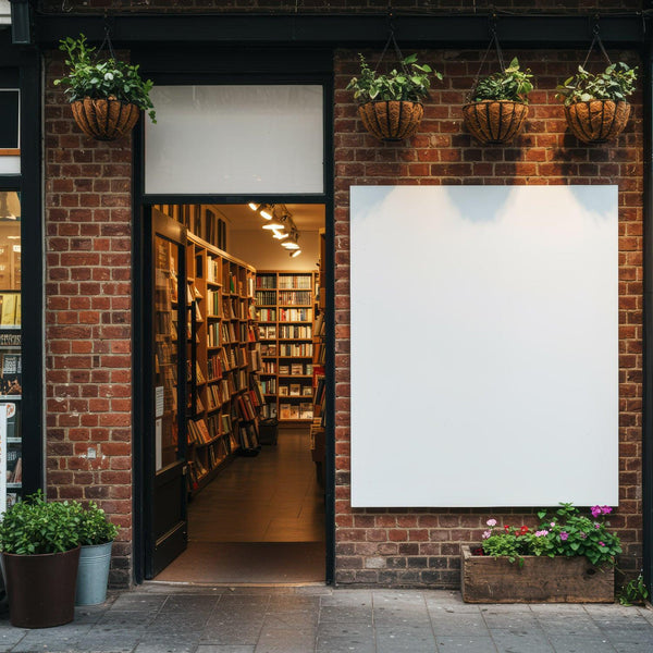 Cozy Bookstore Entrance with Hanging Plants and Blank Sign JPG Mockup Image