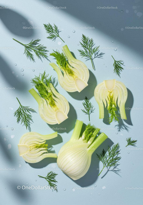 Fresh fennel bulbs and dill sprigs on blue surface