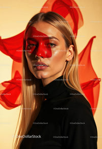Creative Artistic Makeup Portrait with Red Face Paint and Blonde Hair