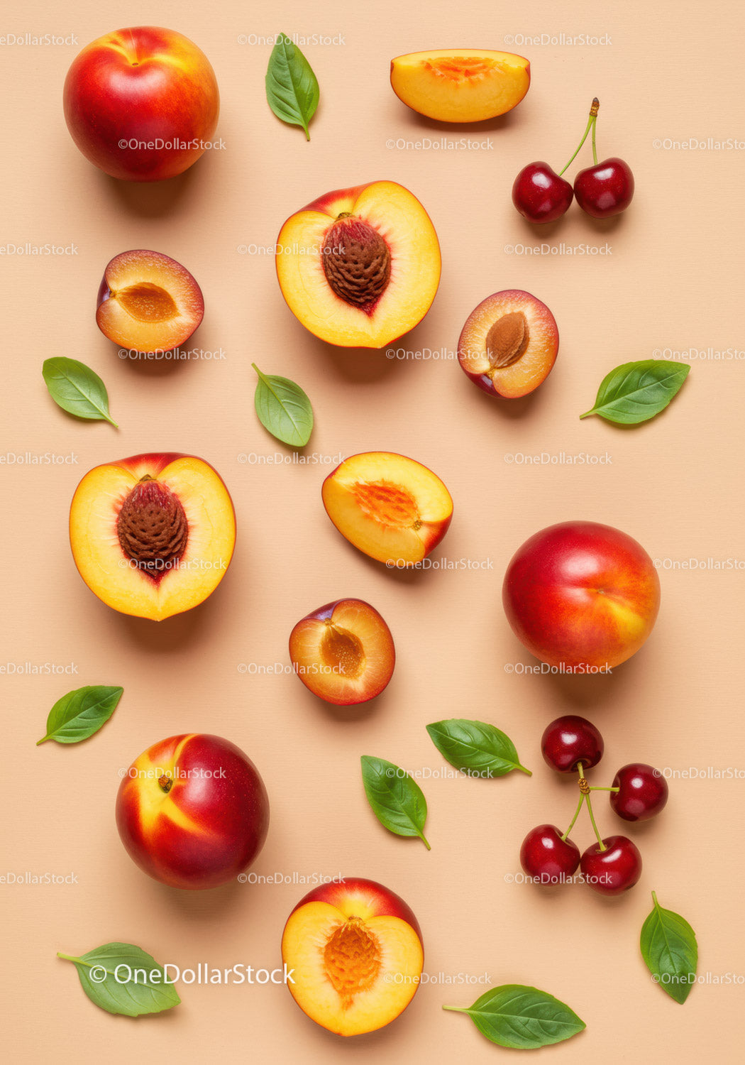 Fresh peaches cherries and basil leaves flat lay