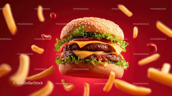 Juicy Cheeseburger with Lettuce and Tomato in Crispy Fries Background Stock Photo Bundle (16 JPG Files)