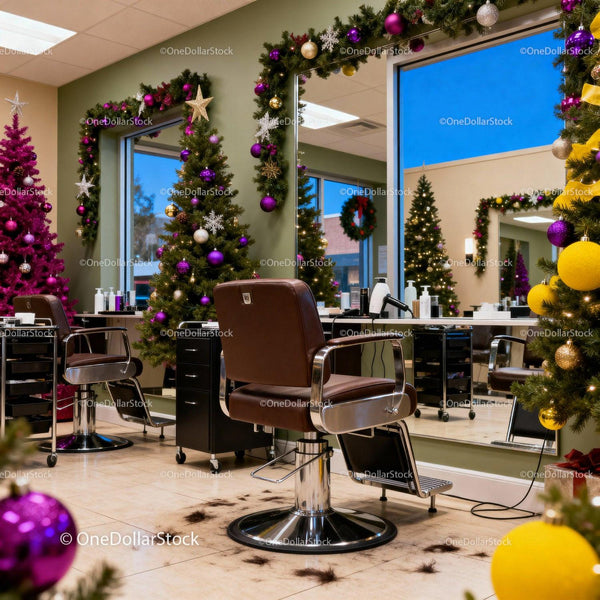 Christmas decorated modern hair salon interior with chairs