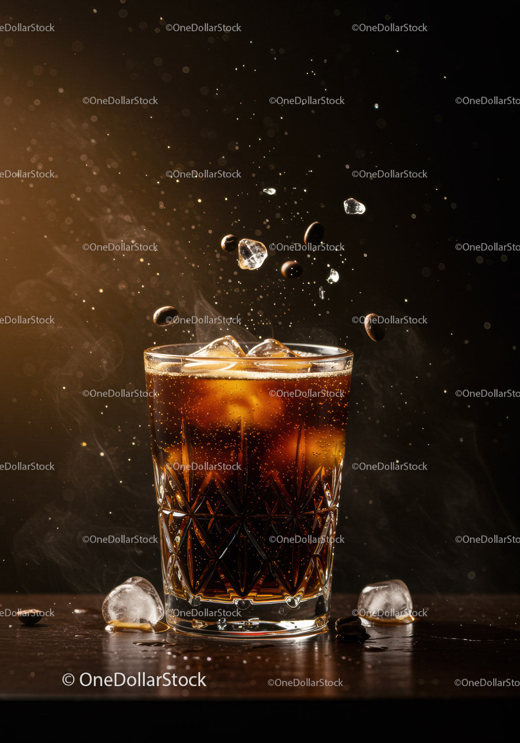 Cold Brew Coffee z kostkami lodu i pływającymi ziarnami kawy