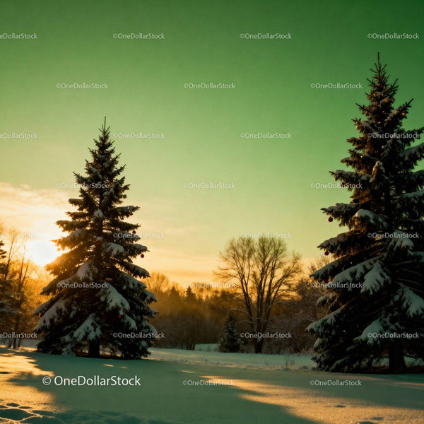 Sunset over winter pine trees with gentle snow cover