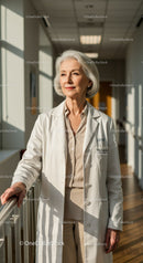 Senior Female Doctor in White Lab Coat Standing in Hospital Corridor