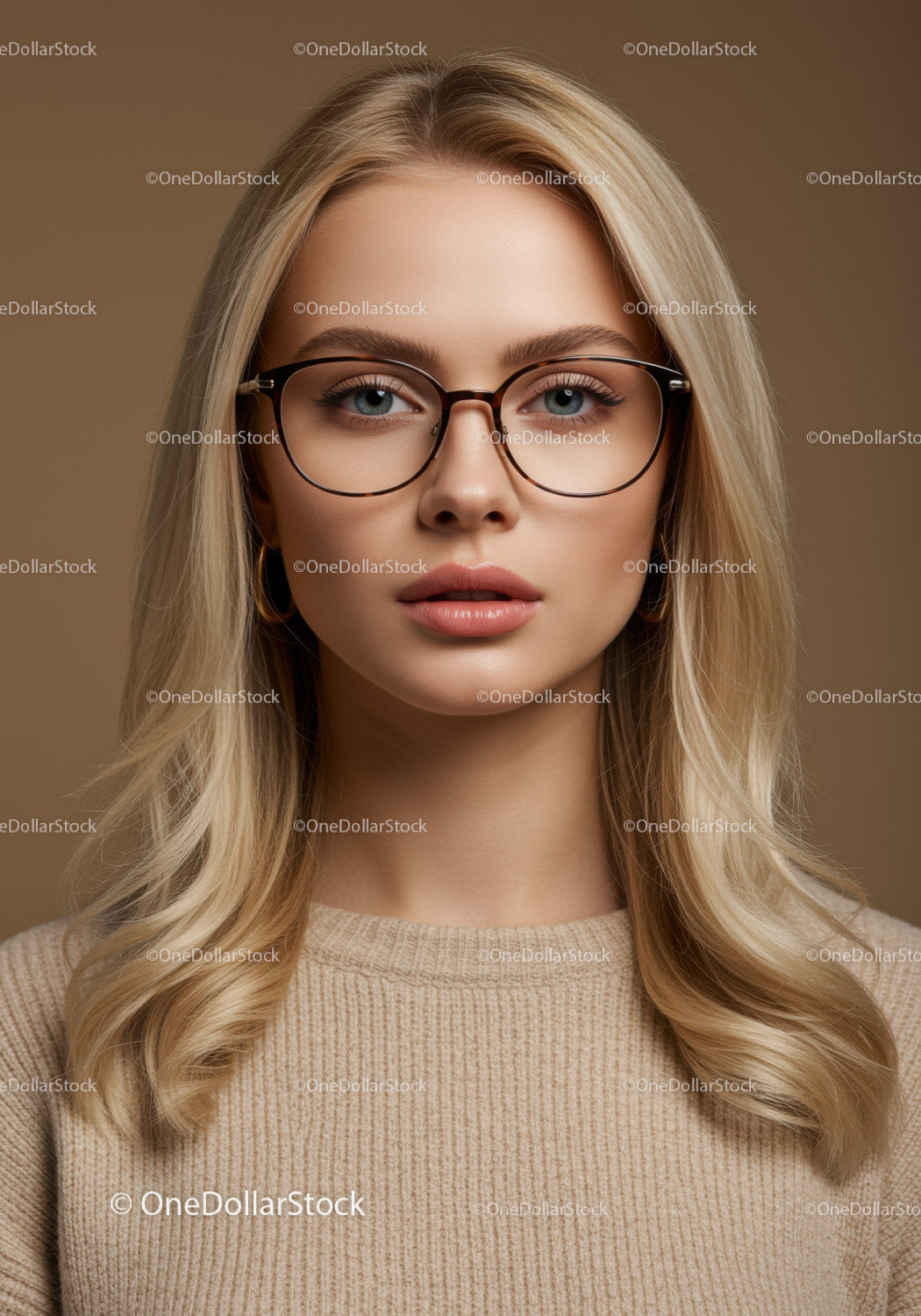 Stylowa młoda kobieta z blond włosami i okularami na portrecie