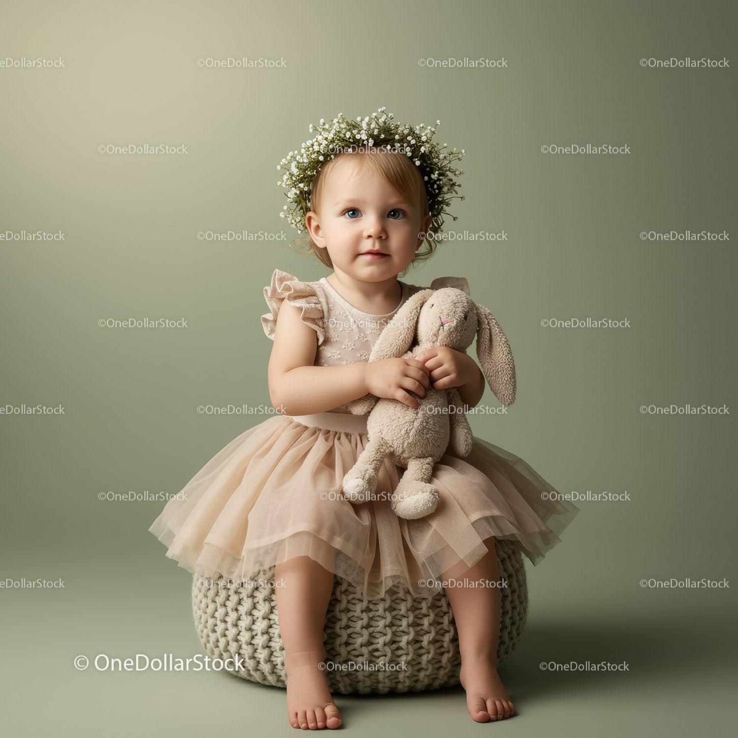 Toddler Girl in Floral Crown Holding Plush Bunny