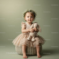 Toddler Girl in Floral Crown Holding Plush Bunny