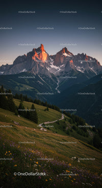 Majestic Mountain Peaks at Sunset with Lush Green Hills