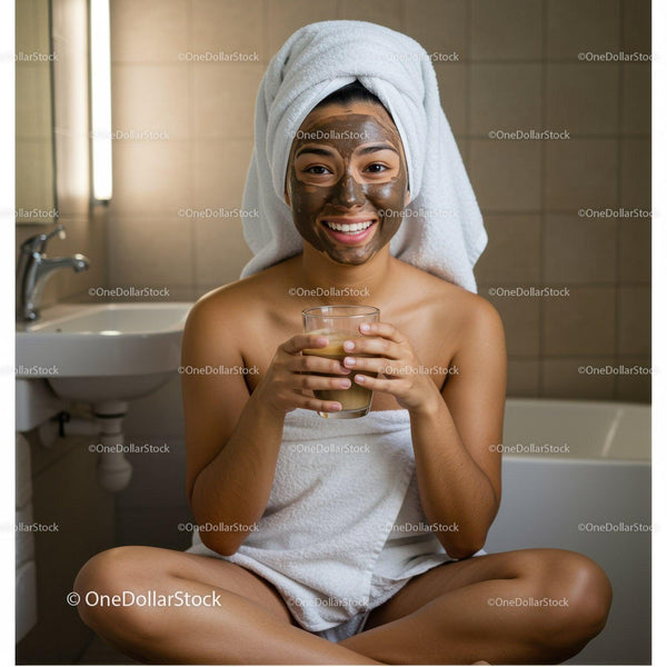 Relaxing Facial Mask Skincare Routine in Bathroom with Woman Smiling