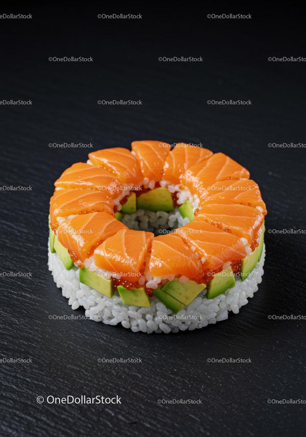 Fresh salmon and avocado sushi ring on black slate