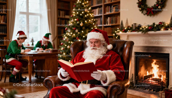 Santa Claus Reading by Fireplace with Elves Working