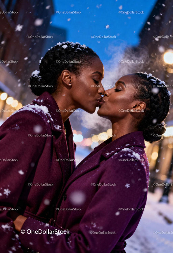 Affectionate same-sex couple kissing in snowy winter evening