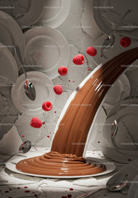 Flowing chocolate cream with fresh raspberries and spoons