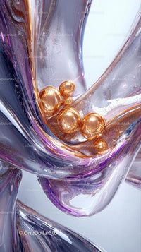 Abstract Glass Art with Vibrant Swirls and Golden Spheres