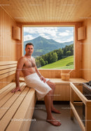 Man Relaxing in Sauna with Mountain View Scenic Landscape