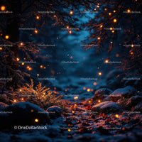 Magical forest path illuminated by glowing fireflies