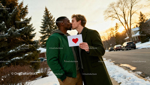 Romantic couple sharing a kiss outdoors at sunset