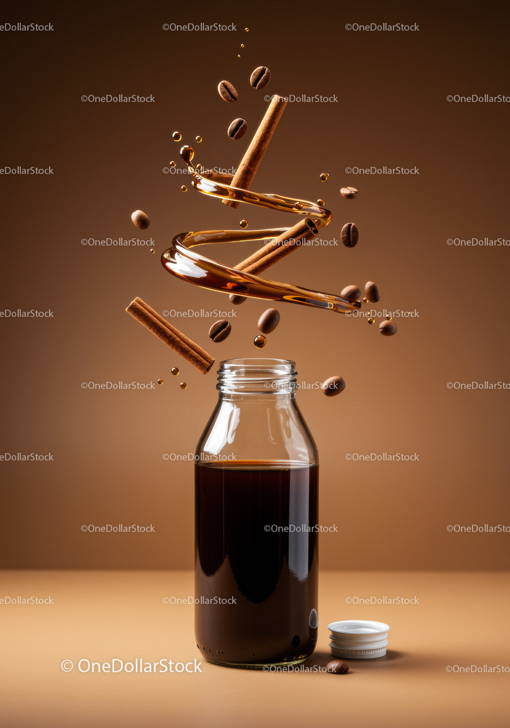 Glass bottle of dark coffee with cinnamon and beans