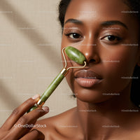 African Woman with Jade Face Roller Promoting Natural Skin Glow