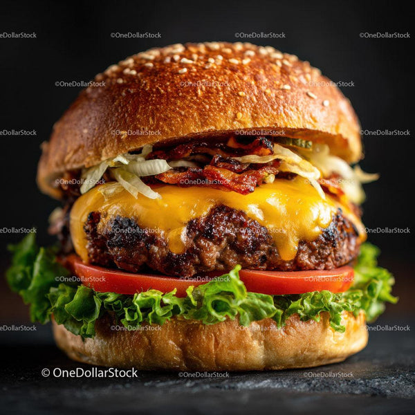 Gourmetowy cheeseburger z boczkiem, sałatą i pomidorem w bułce z sezamem