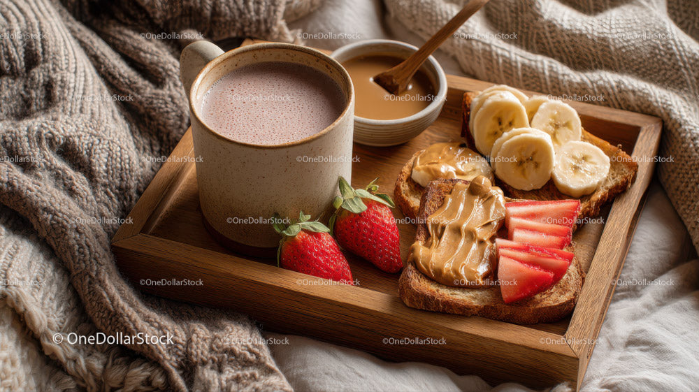 Delicious Breakfast Toast with Banana and Strawberry Toppings on Wooden Tray