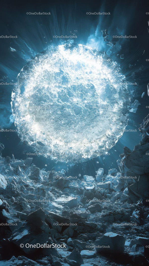 Underwater Ice Sphere Surrounded by Rocks