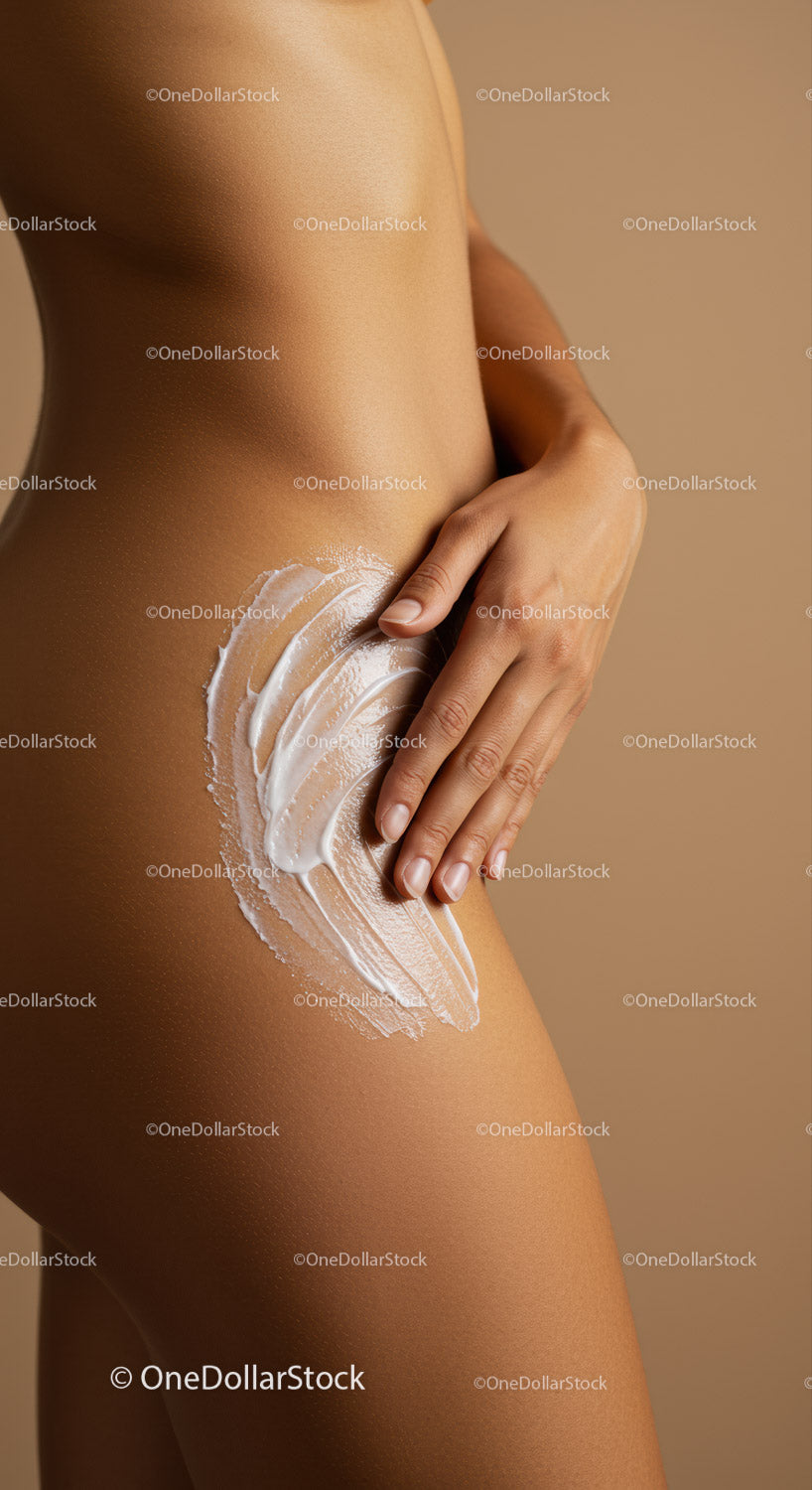 Close-Up of Woman Applying Lotion on Thigh for Skincare Routine
