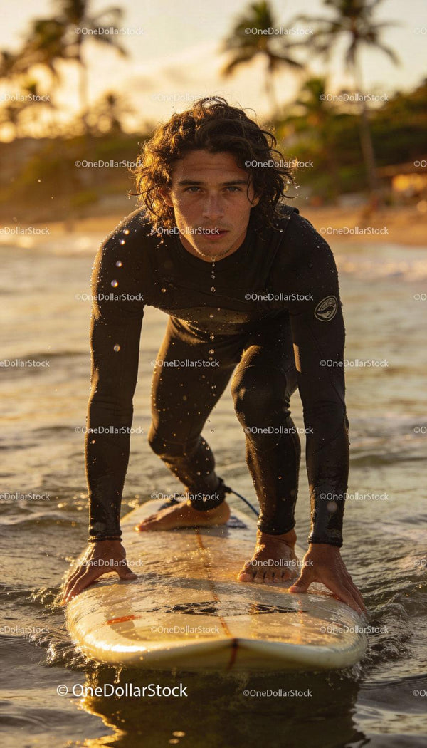 Focused surfer preparing to ride waves at sunset beach