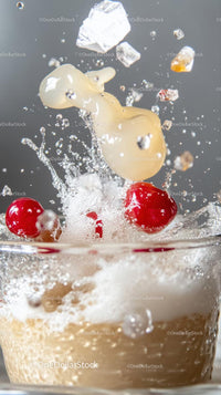 Cream Splash with Cherries and Ice Cubes in a Refreshing Beverage