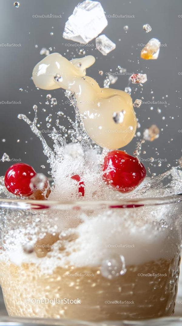 Cream Splash with Cherries and Ice Cubes in a Refreshing Beverage