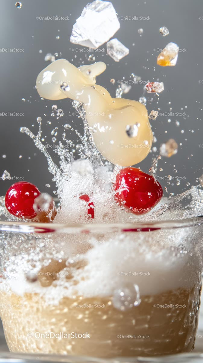 Cream Splash with Cherries and Ice Cubes in a Refreshing Beverage